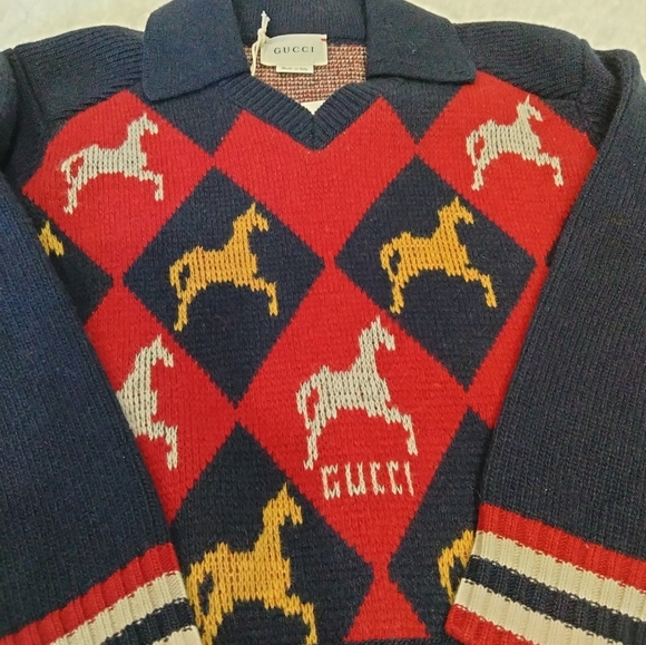 Gucci kids red blue argyle horse long sleeve polo wool sweater - Picture 2 of 12